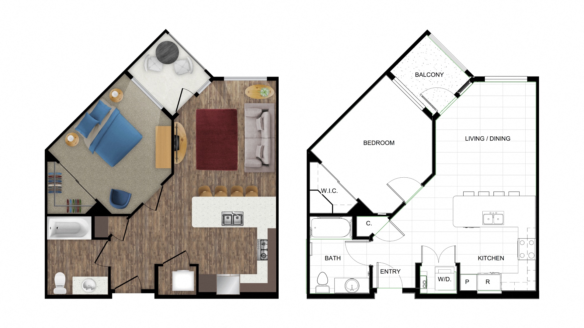 Floor plan for 1 bed, 1 bath, 650 sqft